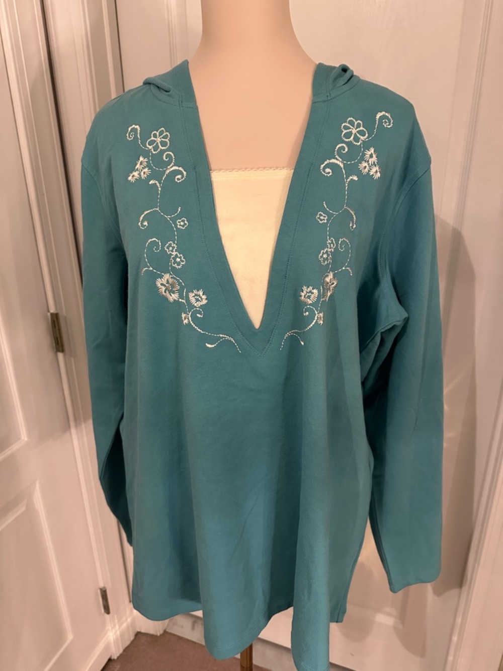 Vintage D & Co Teal Hooded Tunic with White Floral Embroidery Sz XL